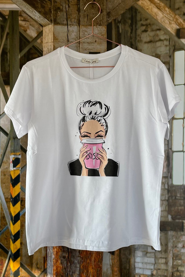 Cabana Living hvid Boss Tee. T-shirt med korte ærmer, rund hals og print foran