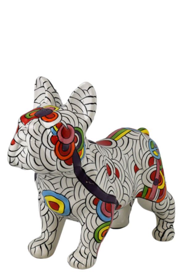 Pomme Pidou stor porcelæns hund. Hvid figur med farvet mønster