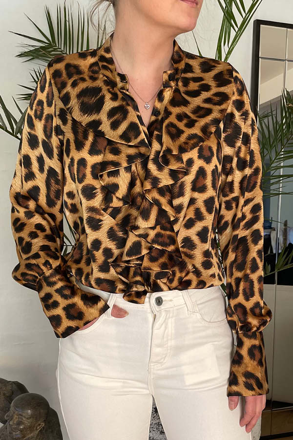 Design by Laerke langærmet skjorte med flæse og leopard print